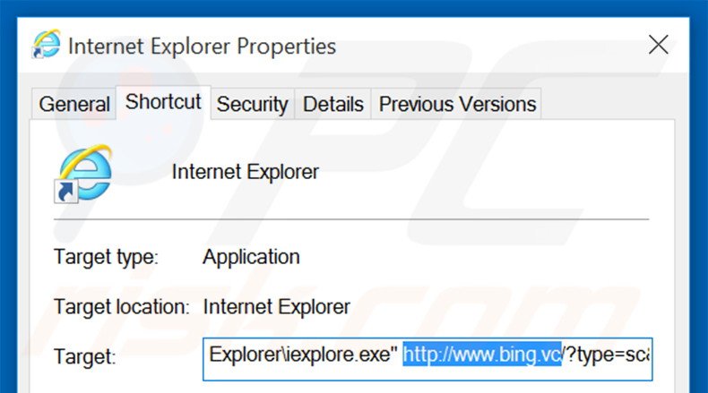 Verwijder bing.vc als doel van de Internet Explorer snelkoppeling stap 2