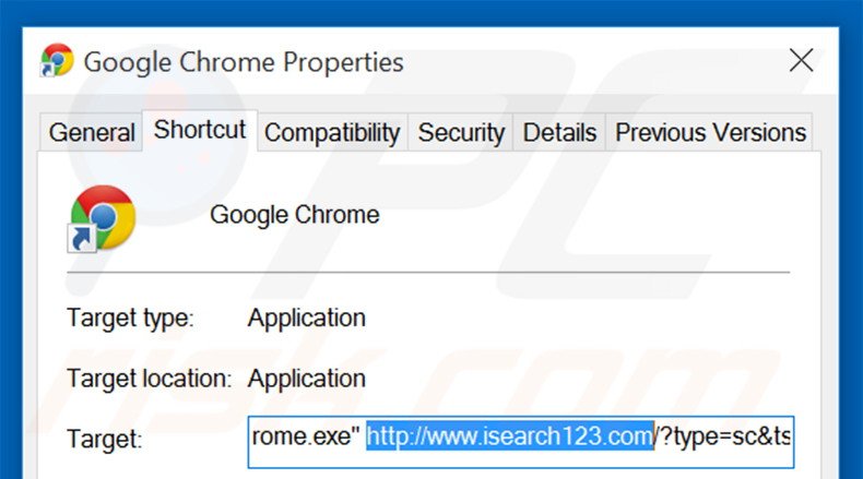 Removing isearch123.com from Google Chrome shortcut target step 2