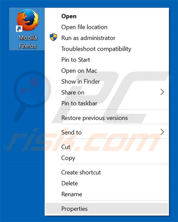 Removing isearch123.com from Mozilla Firefox shortcut target step 1