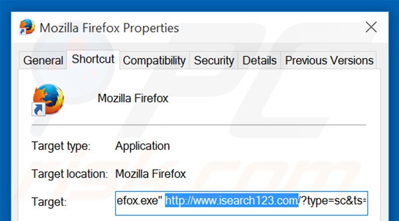 Removing isearch123.com from Mozilla Firefox shortcut target step 2