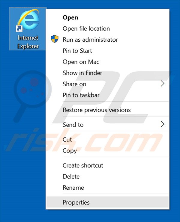 Removing isearch123.com from Internet Explorer shortcut target step 1