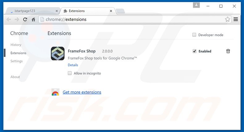 Verwijder aan istartpage123.com gerelateerde Google Chrome extensies