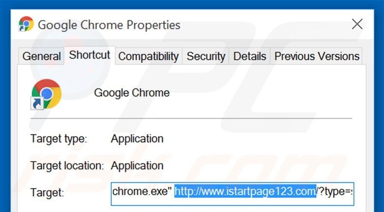 Verwijder istartpage123.com als doel van de Google Chrome snelkoppeling stap 2