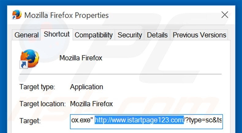 Verwijder istartpage123.com als doel van de Mozilla Firefox snelkoppeling stap 2