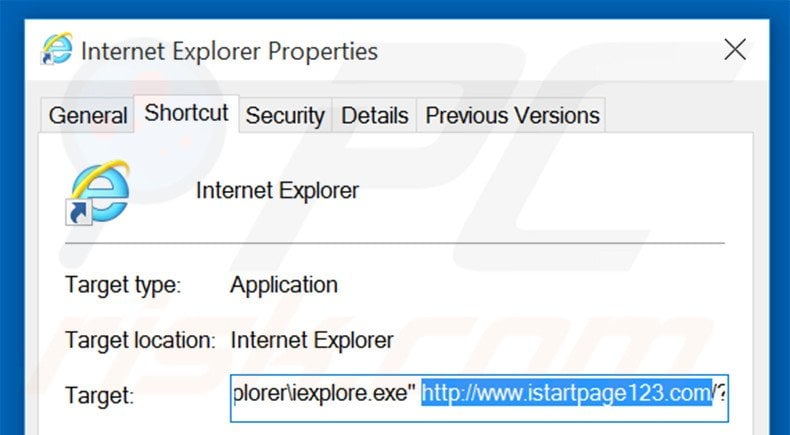 Verwijder istartpage123.com als doel van de Internet Explorer snelkoppeling stap 2