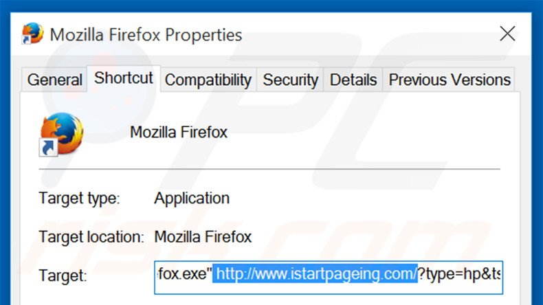 Verwijder istartpageing.com als doel van de Mozilla Firefox snelkoppeling stap 2