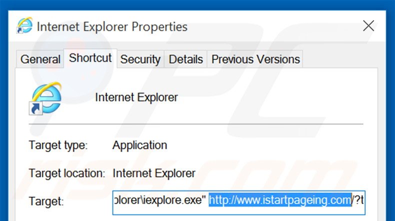 Verwijder istartpageing.com als doel van de Internet Explorer snelkoppeling stap 2