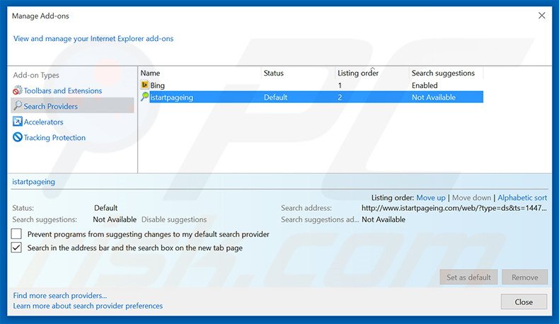 Verwijder istartpageing.com als standaard zoekmachine in Internet Explorer