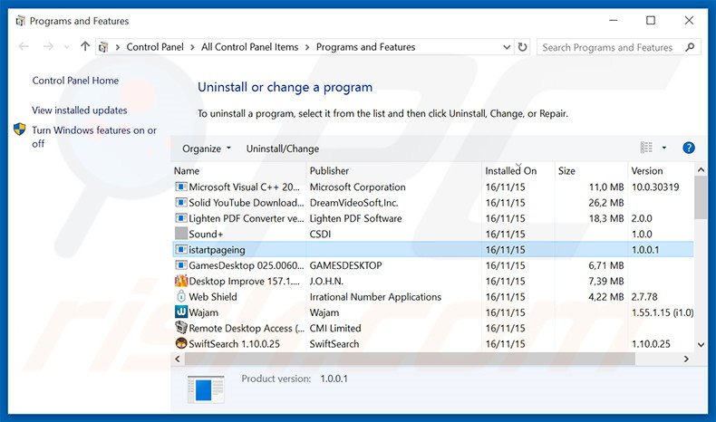 istartpageing.com browser hijacker verwijdering via het Controle Paneel