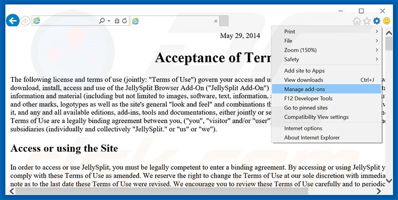 Verwijder de JellySplit advertenties uit Internet Explorer stap 1
