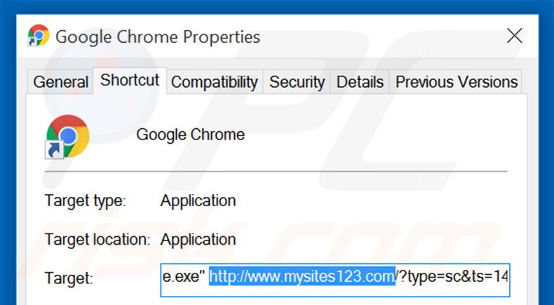 Verwijder mysites123.com als doel van de Google Chrome snelkoppeling stap 2