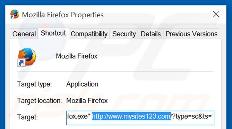 Verwijder mysites123.com als doel van de Mozilla Firefox snelkoppeling stap 2