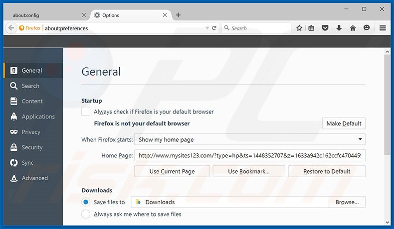 Verwijder mysites123.com als startpagina in Mozilla Firefox
