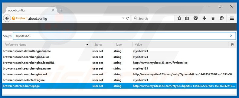 Verwijder mysites123.com als standaard zoekmachine in Mozilla Firefox