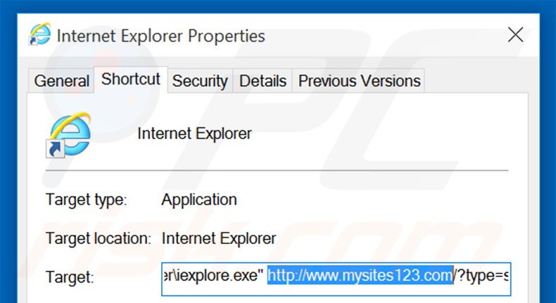 Verwijder mysites123.com als doel van de Internet Explorer snelkoppeling stap 2