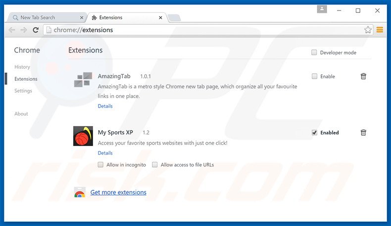 Verwijder aan search.mysportsxp.com gerelateerde Google Chrome extensies