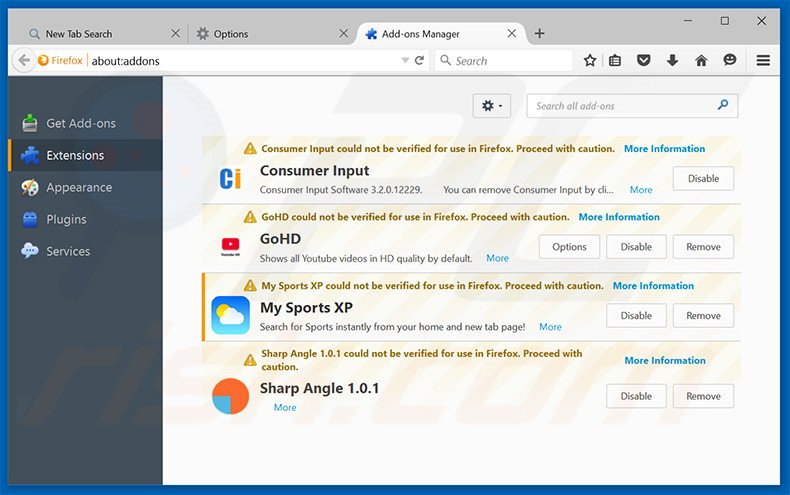 Verwijder aan search.mysportsxp.com gerelateerde Mozilla Firefox extensies