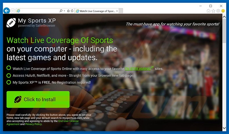 Website promoot de My Sports XP browser hijacker