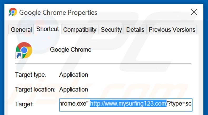 Verwijder mysurfing123.com als doel van de Google Chrome snelkoppeling stap 2