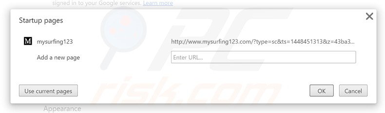 Verwijder mysurfing123.com als startpagina in Google Chrome