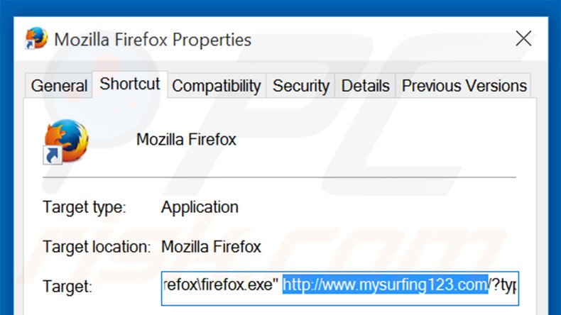 Verwijder mysurfing123.com als deol van de Mozilla Firefoxsnelkoppeling stap 2