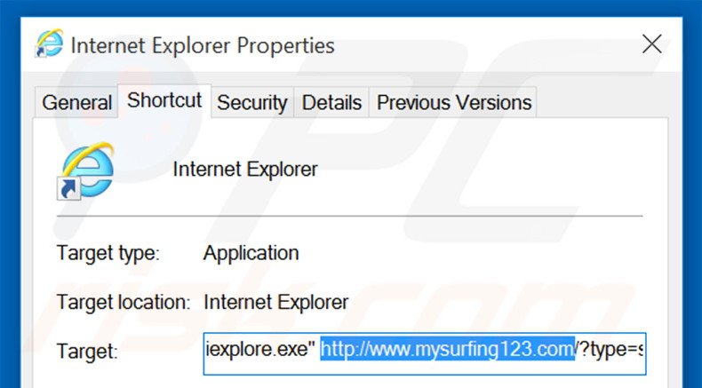 Verwijder mysurfing123.com als doel van de Internet Explorer snelkoppeling stap 2