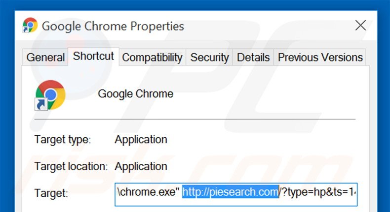 Verwijder piesearch.com als doel van de Google Chrome snelkoppeling stap 2