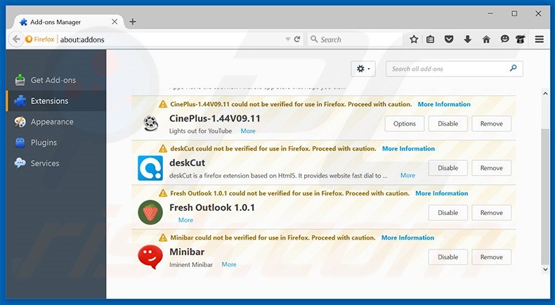 Verwijder aan piesearch.com gerelateerde Mozilla Firefox extensies