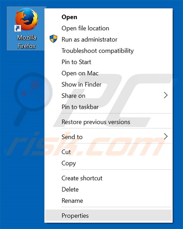 Verwijder piesearch.com als doel van de Mozilla Firefox snelkoppeling stap 1