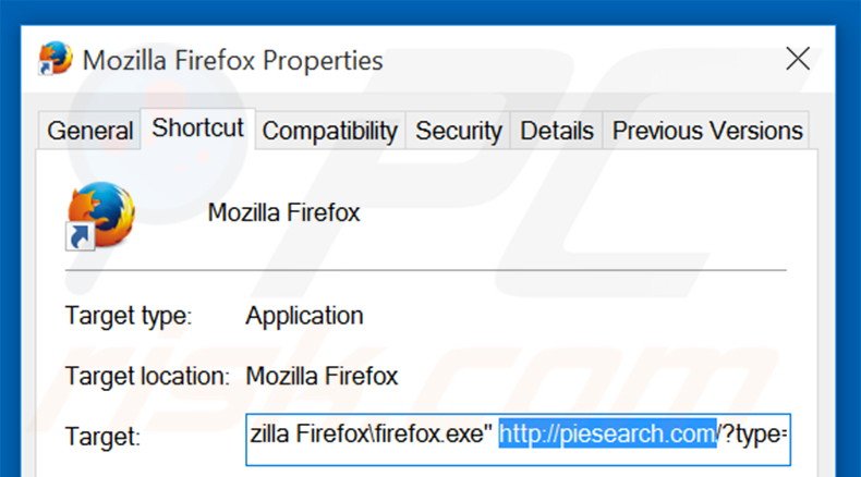 Verwijder piesearch.com als doel van de Mozilla Firefox snelkoppeling stap 2