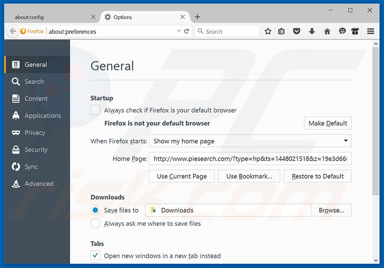Removing piesearch.com from Mozilla Firefox homepage