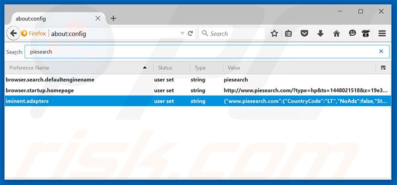 Verwijder piesearch.com als standaard zoekmachine in Mozilla Firefox