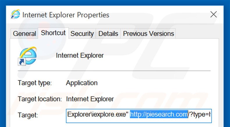 Verwijder piesearch.com als doel van de Internet Explorer snelkoppeling stap 2