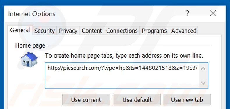 Verwijder piesearch.com als startpagina in Internet Explorer