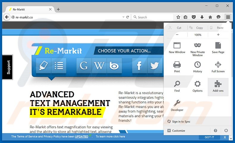 Verwijder de Re-Markit advertenties uit Mozilla Firefox stap 1