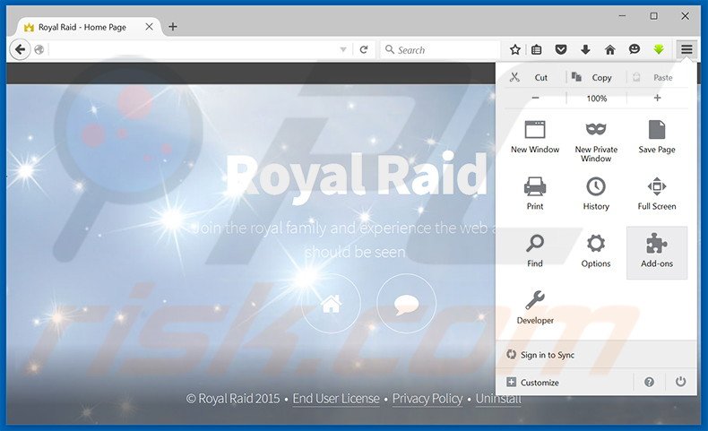 Verwijder de Royal Raid advertenties uit Mozilla Firefox stap 1
