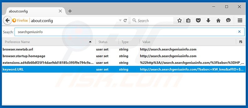 Verwijder search.searchgeniusinfo.com als standaard zoekmachine in Mozilla Firefox