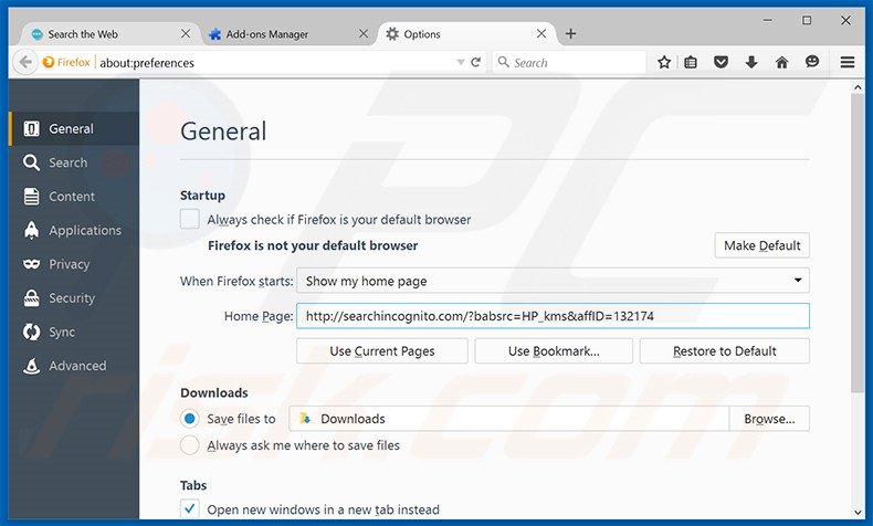 Verwijder searchincognito.com als startpagina in Mozilla Firefox