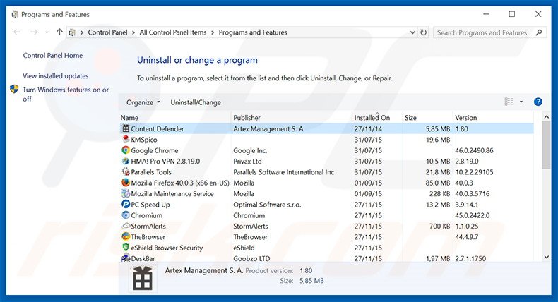 Serpens adware verwijdering via het Controle Paneel