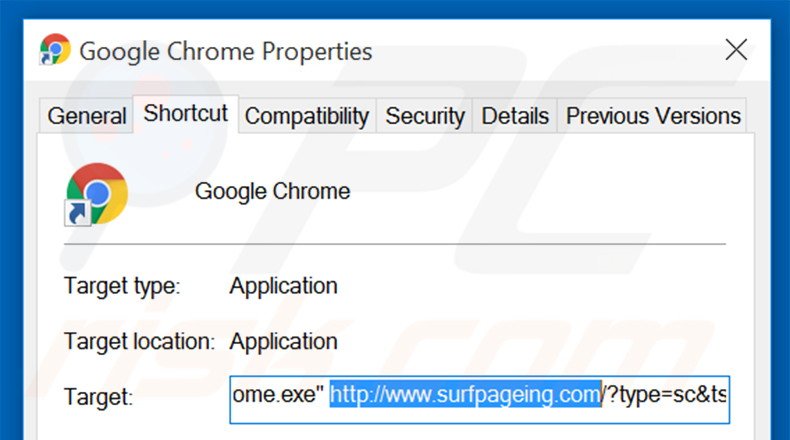 Verwijder surfpageing.com als doel van de Google Chrome snelkoppeling stap 2