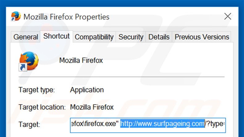 Verwijder surfpageing.com als doel van de  Mozilla Firefox snelkoppeling stap 2