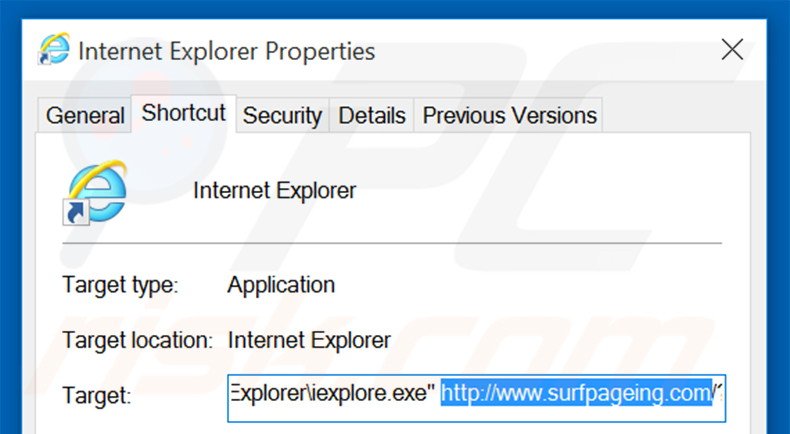 Verwijder surfpageing.com als doel van de Internet Explorer snelkoppeling stap 2