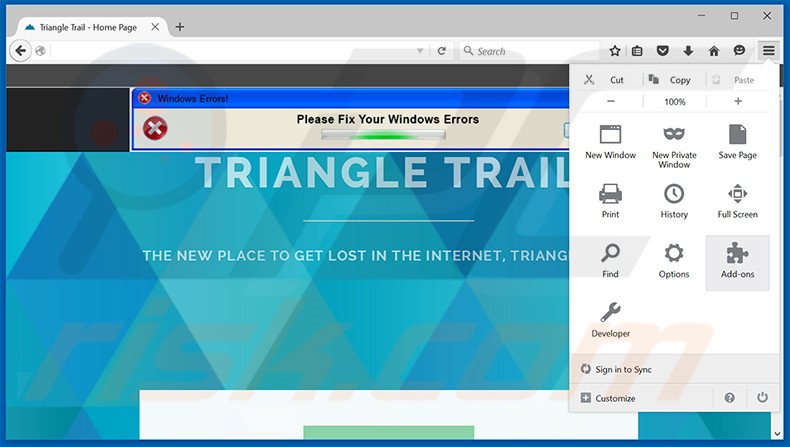 Verwijder de Triangle Trail advertenties uit Mozilla Firefox stap 1