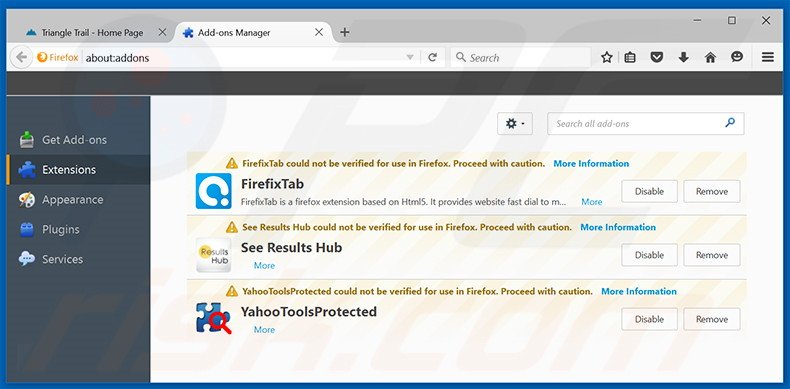 Verwijder de Triangle Trail advertenties uit Mozilla Firefox stap 2