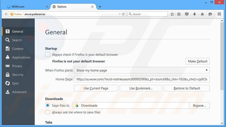 Verwijder wow.com als startpagina in Mozilla Firefox