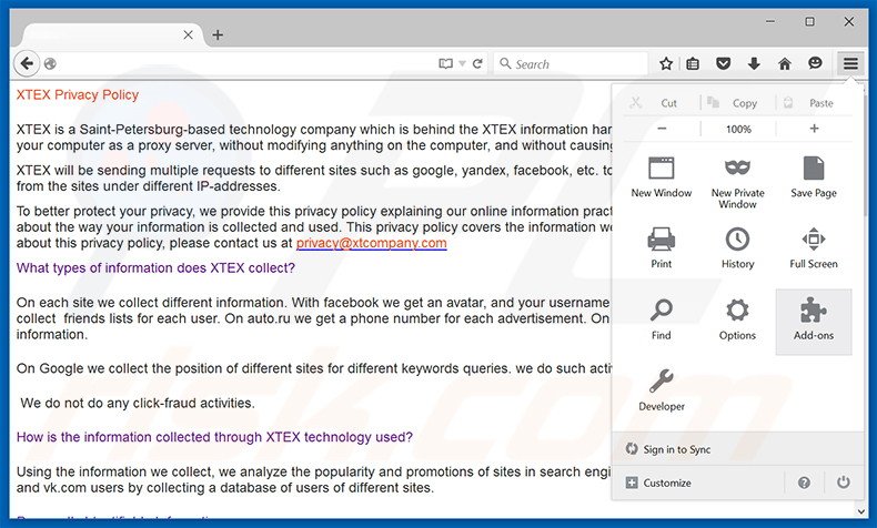 Verwijder XTEX advertenties uit Mozilla Firefox stap 1