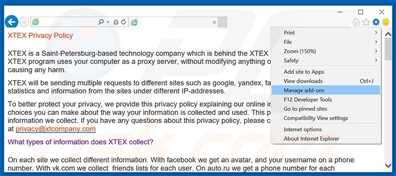Verwijder de XTEX advertenties uit Internet Explorer stap 1
