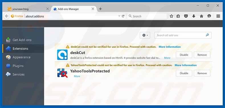 Verwijder aan yoursearching.com gerelateerde Mozilla Firefox extensies
