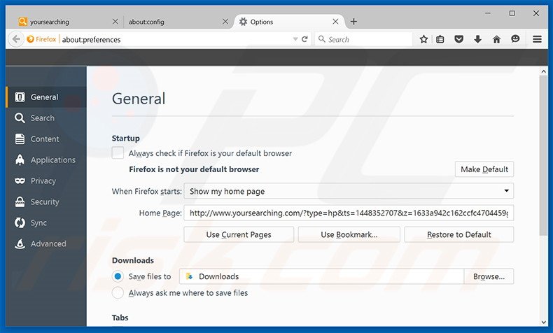 Verwijder yoursearching.com als Mozilla Firefox startpagina