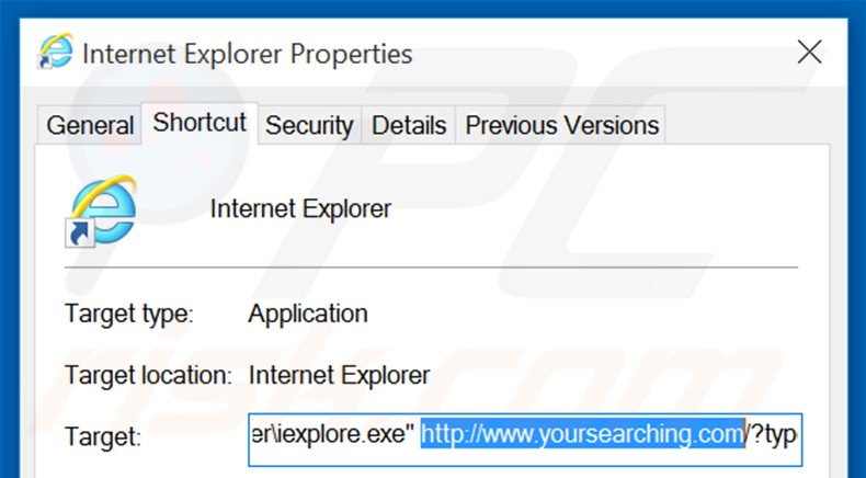 Verwijder yoursearching.com als doel van de Internet Explorer snelkoppeling stap 2